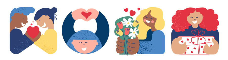Happy Valentine's day! Sketch vector illustration for the holiday of love - February 14th. Drawings of a couple, people with gift, flowers and gesture love.