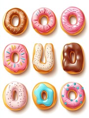 Donut font. Sweets letters, bakery text numbers alphabet. Cake and cookies, isolated baby glazed dessert. Color 3d pastry recent vector set