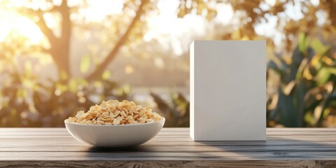 Cereal Bowl and Blank Box Mockup in a Sunny Outdoor Setting