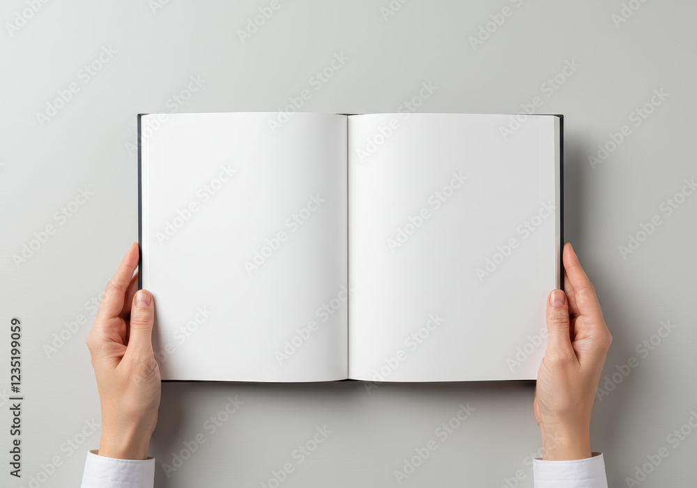 Poster a clean and minimalistic top-down view of an open book with blank white pages held by two hands