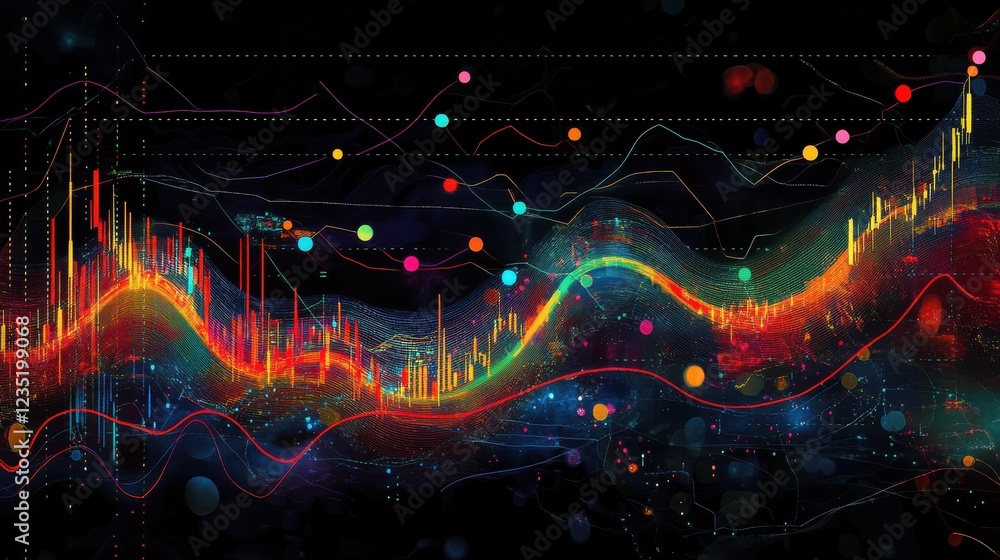Poster colorful abstract graphs with dynamic lines and circles on black background
