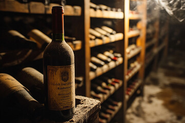 Wine bottle in dusty cellar surrounded by shelves of aging wine