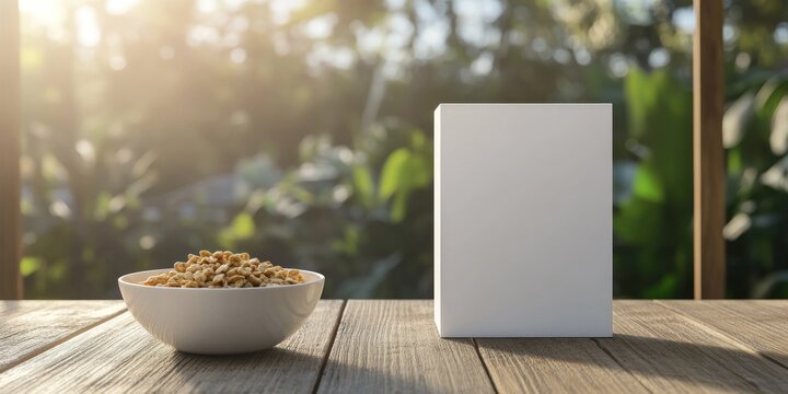 Breakfast Cereal in a Bowl with Blank Packaging Mockup on Wooden Table