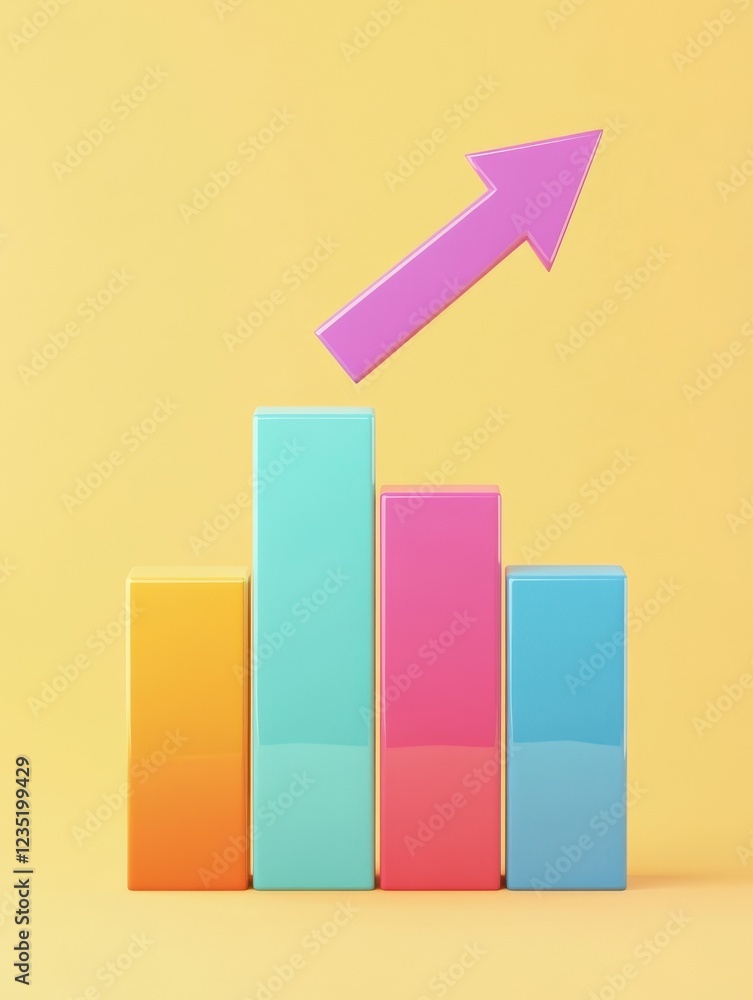 Poster set of cute colorful bar graph with arrow up. 3d cartoon animation style.
