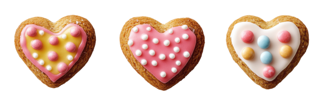 Dekorative herzförmige Kekse mit buntem Zuckerguss und Streuseln png