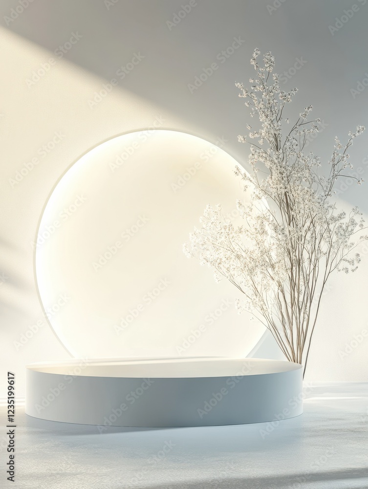 Poster 3d rendering illustration of a minimal design podium display for product presentation
