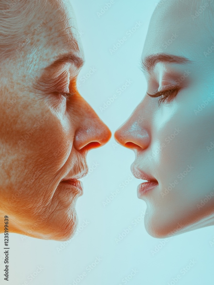 Poster contrast of youth and age captured in two faces showcasing the passage of time and beauty. generativ