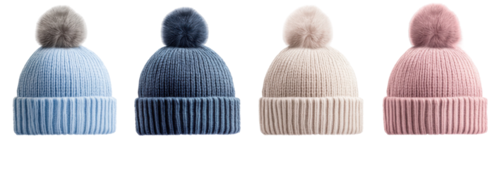 Farbenfrohe Winter-Strickmützen mit Bommeln in Blau-, Creme- und Rosatönen png