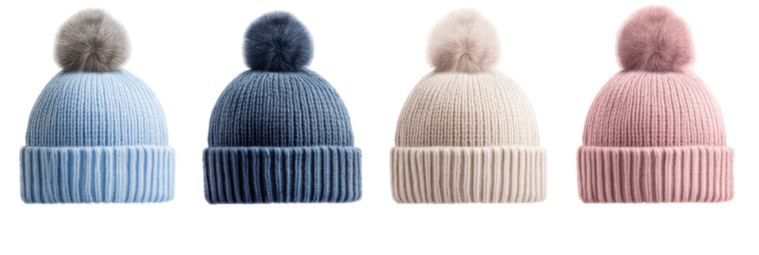 Farbenfrohe Winter-Strickm&uuml;tzen mit Bommeln in Blau-, Creme- und Rosat&ouml;nen png
