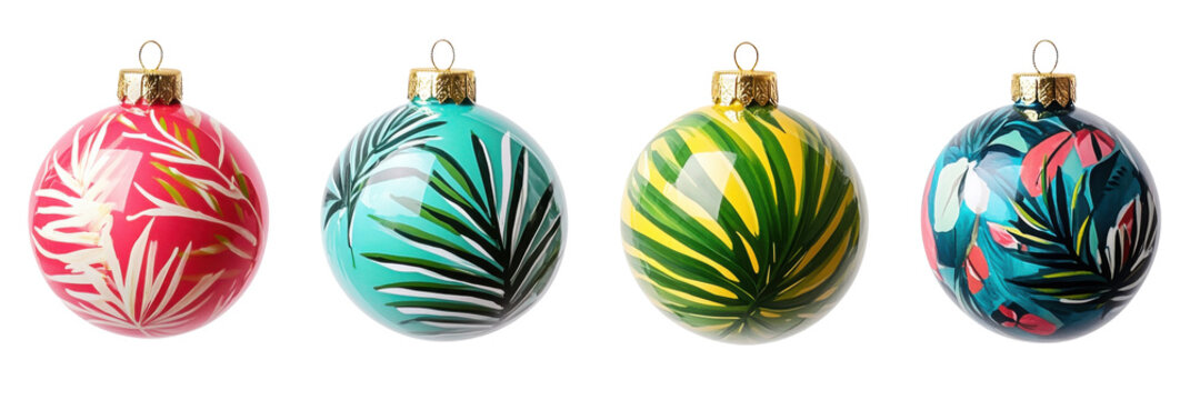 Farbenfrohe Weihnachtsschmuckst&uuml;cke mit tropischem Blattdesign vor transparentem Hintergrund png