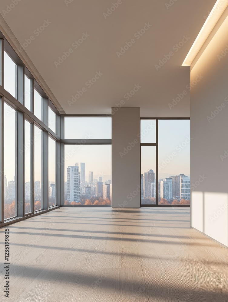 Poster new empty interior with blank mock up place on wall, windows, city view and daylight. design and gal