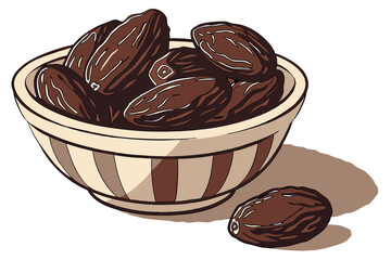3 A close-up photograph of a bowl of dates, taken from above. The dates are dark brown and shiny, with a few showing a slight sheen. The bowl is made of ceramic, with a brown and beige striped pattern