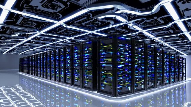 Modern data center interior with glowing server racks and futuristic LED ceiling lighting. High-tech computing facility with advanced cooling and network infrastructure. Digital storage room