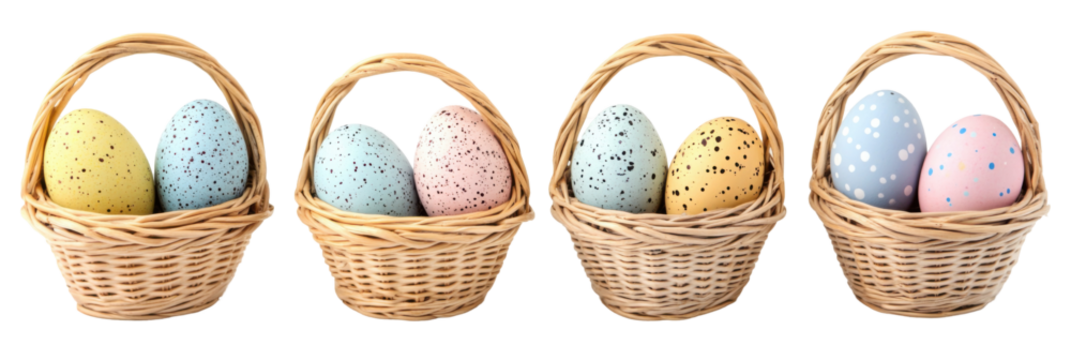 Bunt gesprenkelte Ostereier in geflochtenen Körben auf transparentem Hintergrund png