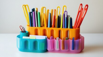 Fototapeta premium A set of three plastic containers holding various office supplies.