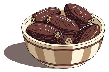 3 A close-up photograph of a bowl of dates, taken from above. The dates are dark brown and shiny, with a few showing a slight sheen. The bowl is made of ceramic, with a brown and beige striped pattern