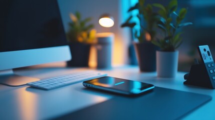 Naklejka premium A modern, minimalist workspace with a computer, keyboard, and phone.