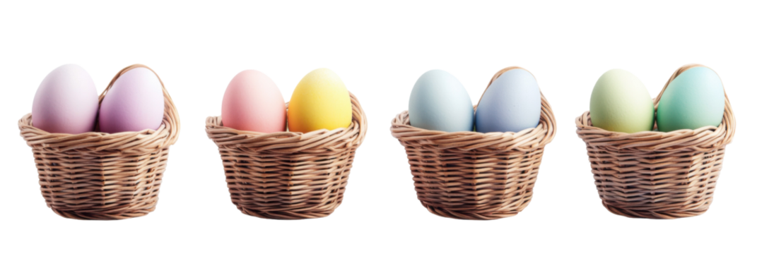 Bunte pastellfarbene Ostereier in Weidenkörben in einer Reihe angeordnet für die Frühlingsdekoration png