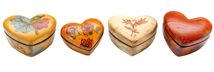 Bunte herzförmige Holzkisten mit Blumenmuster auf transparentem Hintergrund png