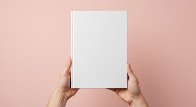 A hardcover book with a blank white cover held by a hand against a soft pastel pink background