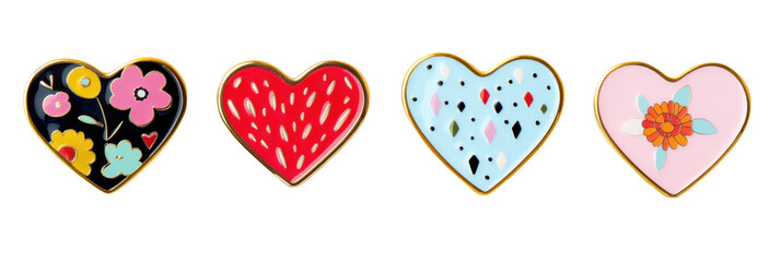 Bunte herzförmige Emaille-Anstecker mit floralen und geometrischen Mustern png