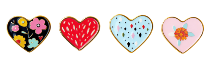 Bunte herzförmige Emaille-Anstecker mit floralen und geometrischen Mustern png