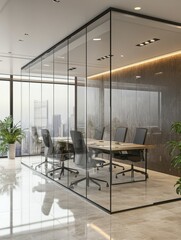Contemporary glass partition meeting room interior with furniture and equipment. 3D Rendering