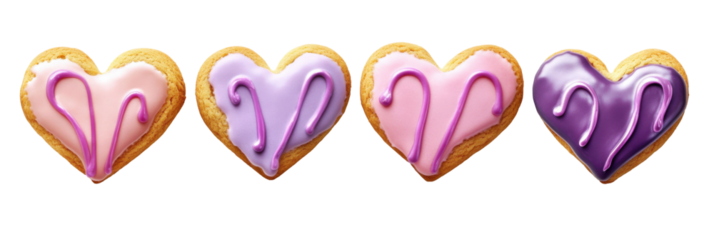Bunte herzförmige Kekse mit rosa und lila Zuckerguss-Dekoration auf transparentem Hintergrund png