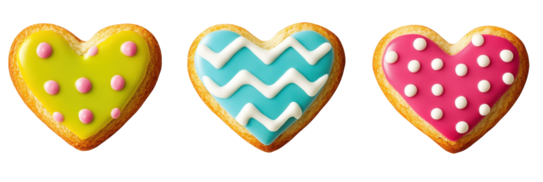Bunte herzförmige Kekse mit lebendigen Zuckergussmustern auf transparentem Hintergrund png