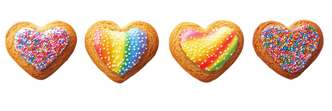 Bunte herzförmige Kekse mit Streuseln und Zuckerguss in Regenbogenmustern png