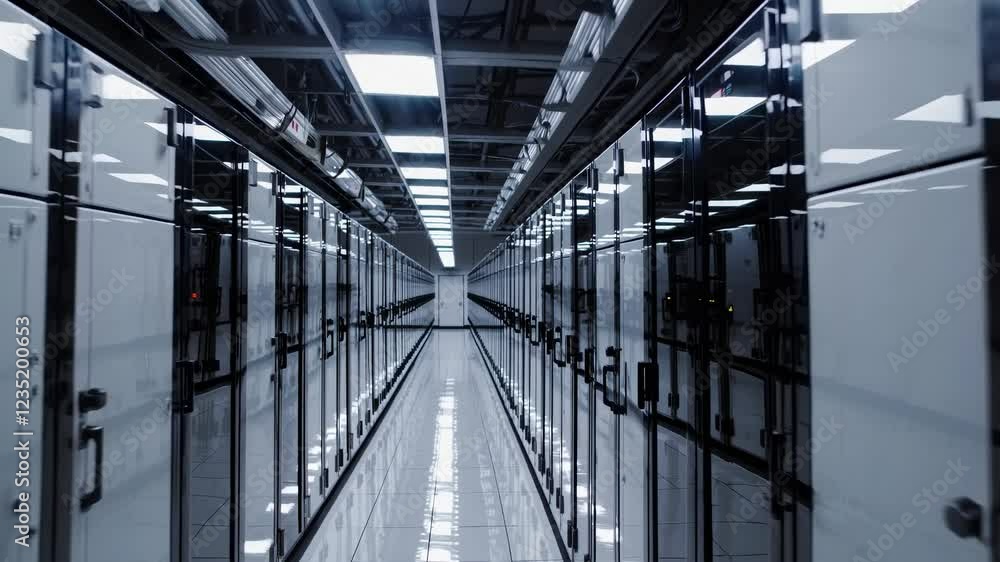 Poster modern data center corridor with server racks. high-tech infrastructure hallway showing advanced com