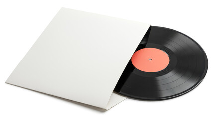 Fototapeta premium A black vinyl record partially pulled out of its blank white square sleeve, placed against a clean white background