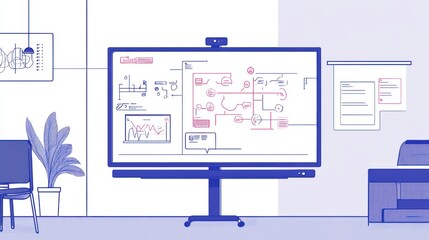A blue and white office space with a large screen, plant, and printer.