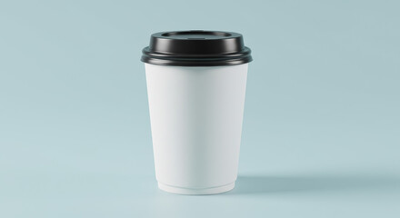 A plain white paper coffee cup with a black lid placed on a light blue surface