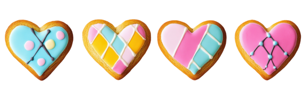 Bunte herzförmige Kekse mit geometrischen Zuckerguss-Designs auf transparentem Hintergrund png