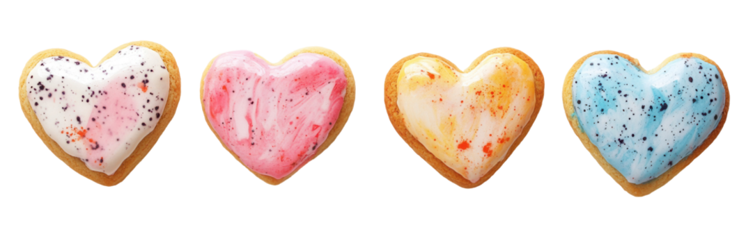 Bunte herzförmige Kekse mit verschiedenen Zuckerguss-Designs auf sauberem Hintergrund png