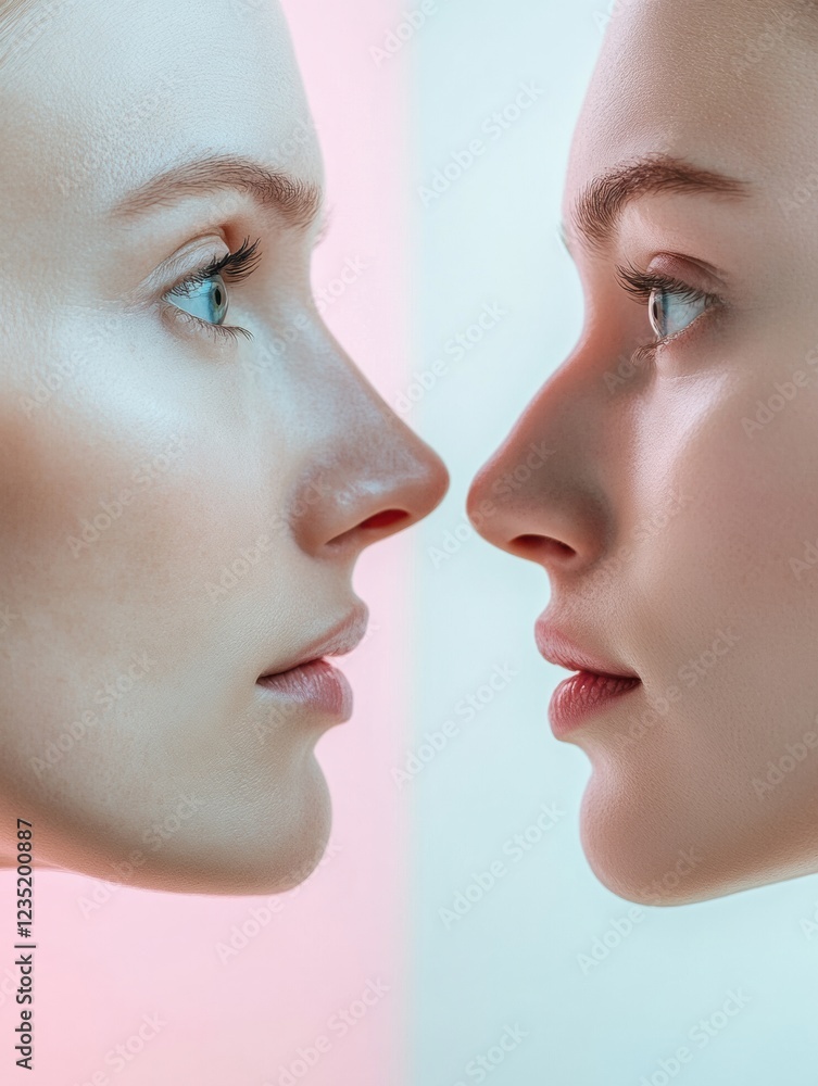 Poster Contrast of age displayed with two faces highlighting aging signs and youthful skin in a modern setting. Generative AI