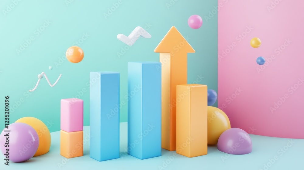 Poster set of cute colorful bar graph with arrow up. 3d cartoon animation style.