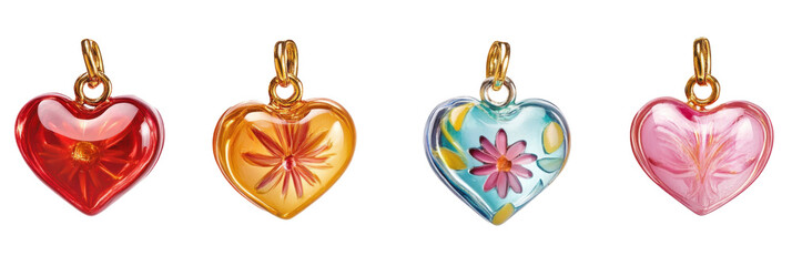 Bunte Herzanhänger aus Glas mit floralen Mustern und goldenen Akzenten png