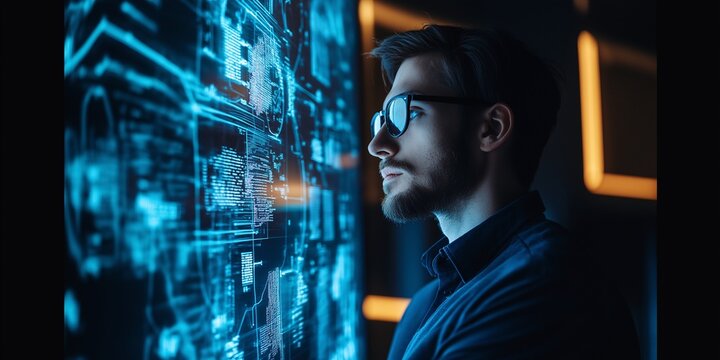  Man Interacting with a Holographic Computer Screen
