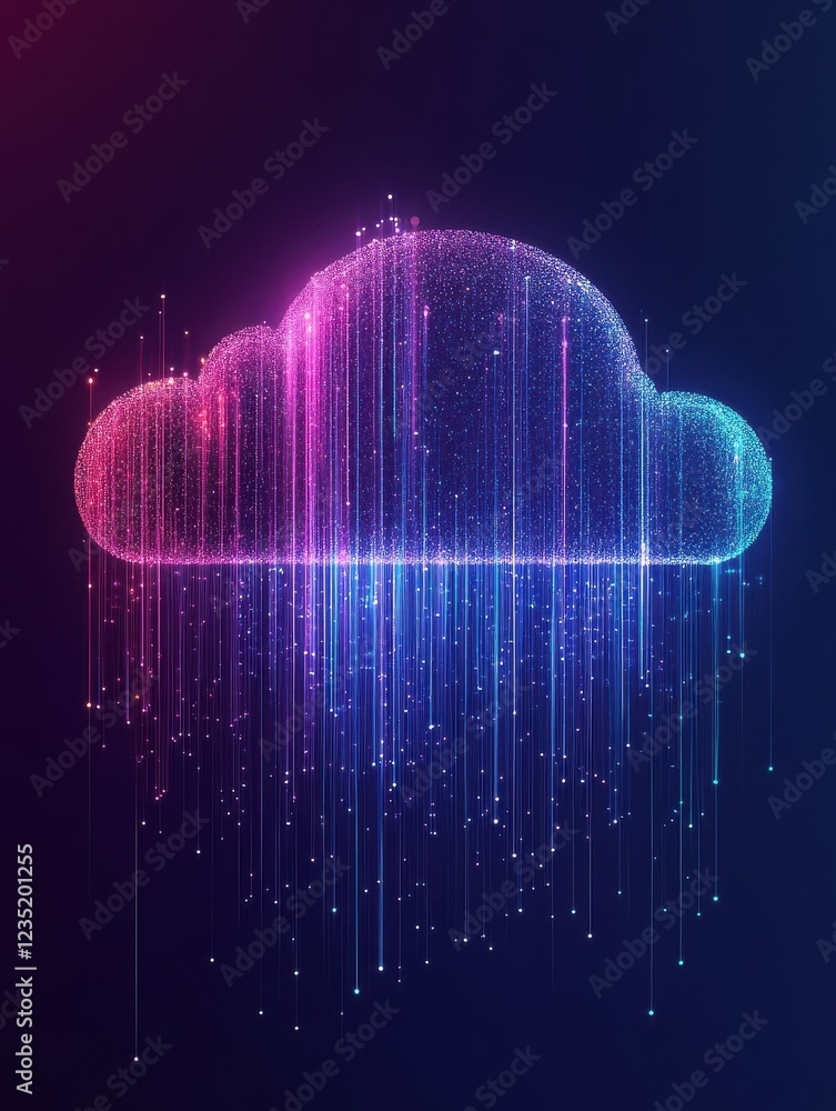 Poster minimalist graphic of a digital cloud with data streams, symbolizing cloud computing, remote storage
