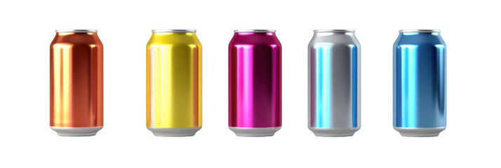 Bunte Getr&auml;nkedosen: rot, gelb, rosa, silber, blau in einer Reihe angeordnet png