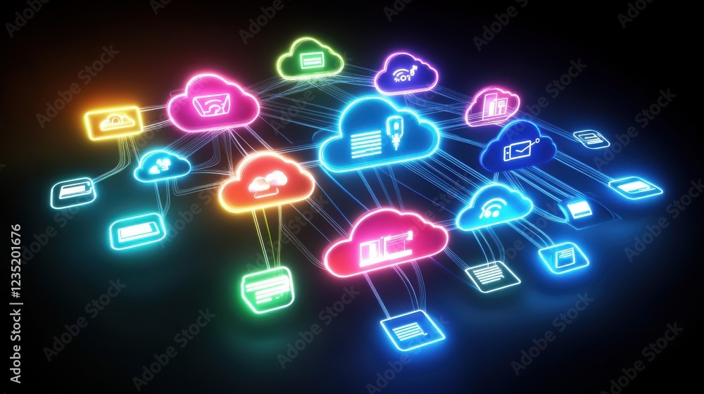 Aufkleber networked cloud computing concept with bright, interconnected icons and glowing storage points