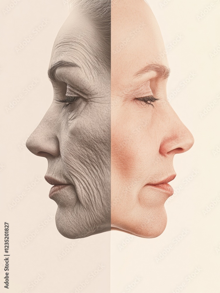 Poster contrast of aging and youth with one face exhibiting clear signs of age and the other displaying smo
