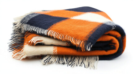 Cozy Folded Wool Blanket with Orange, Navy, and White Plaid Pattern and Fringed Edges