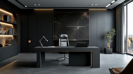 89. A black office space with matte finishes and minimal decor