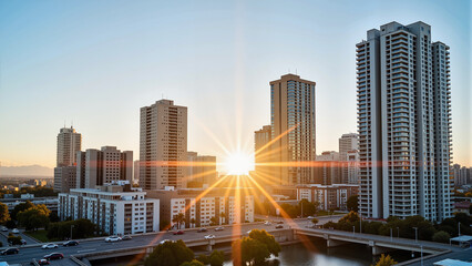 Obraz premium Morning sun illuminating city skyscrapers, urban real estate appeal