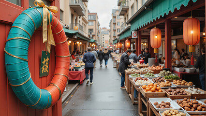 Colorful Qingming wreath enhancing bustling market atmosphere, community life