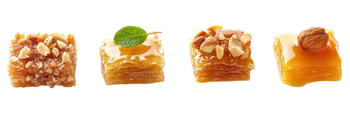 Verschiedene Stücke köstlichen Baklava mit Nüssen und Honig auf transparentem Hintergrund png