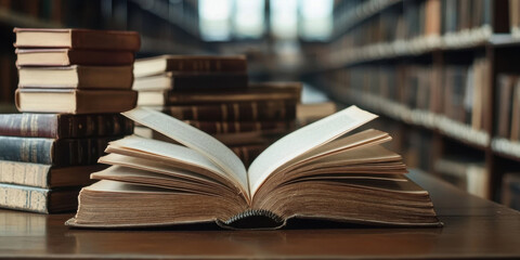 Book in library with old open textbook, stack piles of literature text archive on reading desk, and aisle of bookshelves in school study class room background for academic education learning concept 